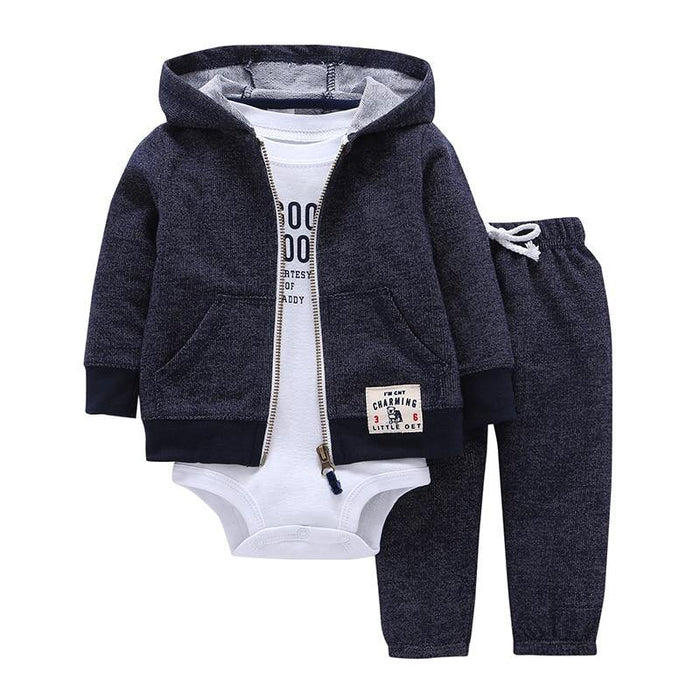 Modern Popular New Set Baby Cotton Long Sleeve Hooded Jacket Pant And Rompers For Newborn Outfits Unisex Clothing