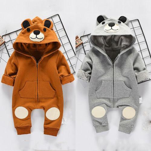 Cute Bear Newborn Infant Baby Boy Girl Kid Ear Hooded Romper Zipper Cartoon Patchwork Jumpsuit For Baby Girls and Boys