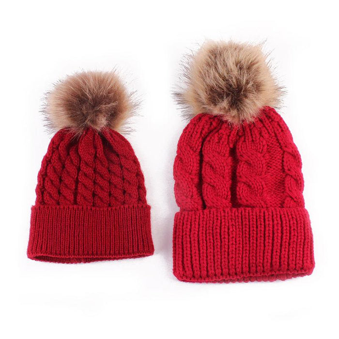 2Pcs Modern Mother & Baby Child Warm Winter Beanie Fur Pom Hat Crochet Ski Cap For Winter