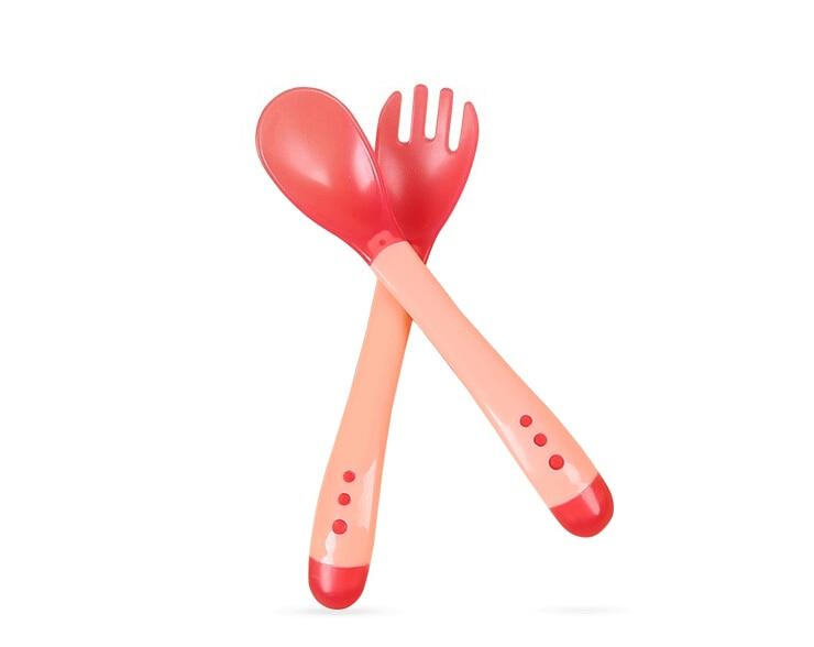 1 Set Children Kids Tableware Temperature Silicone Soft  Spoon Fork Cutlery Feeding Dish Infant Boys and Girls Unique Baby Feeding Tool