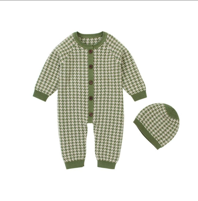 Knitted Newborn Baby Clothes Cotton Baby Romper With Plaid Hat Infant Toddler Jumpsuit For Girls And Boys