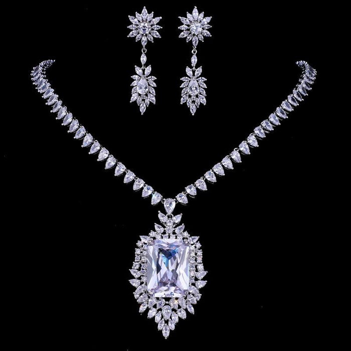 Luxury Retro Modern Cubic Zirconia Rectangul Royal Blue Bridal Wedding Evening Earring Necklace Jewelry Set For Women and Ladies With Diamond