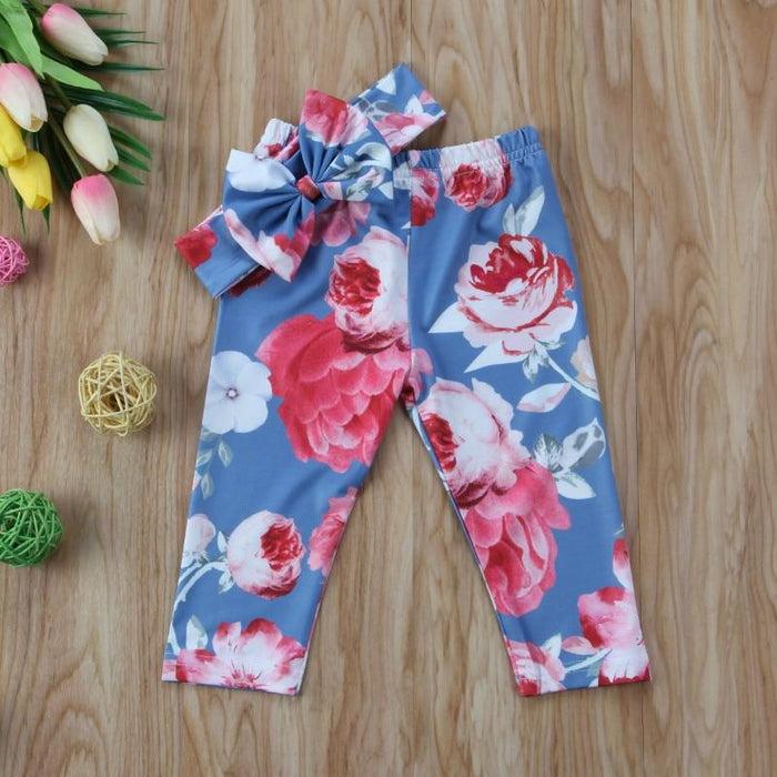 Luxury Modern Girls Summer Floral Baby Girls Pant with Headband Newborn Kid Girls Floral Bottoms Long Pants Trousers  In Flower Design  For Girls With Bow