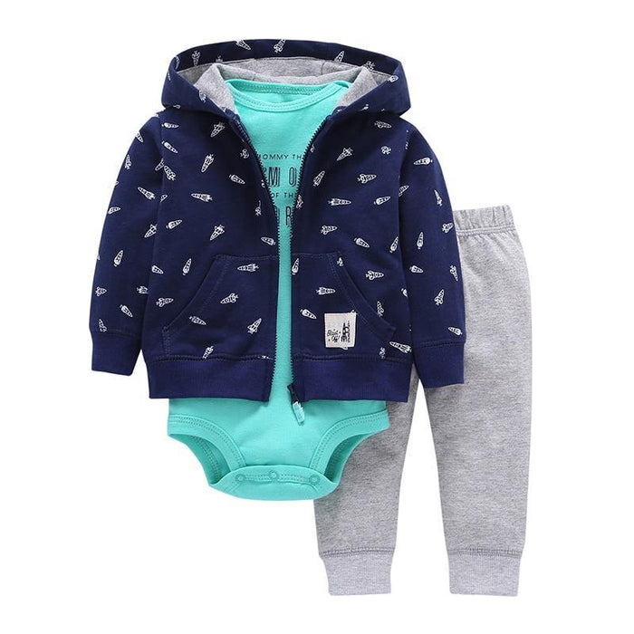 Modern Popular New Set Baby Cotton Long Sleeve Hooded Jacket Pant And Rompers For Newborn Outfits Unisex Clothing