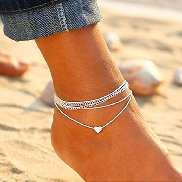 Heart Bohemian Silver Color Anklet Bracelet Heart shape Female Anklets foot Jewelery Style 2020