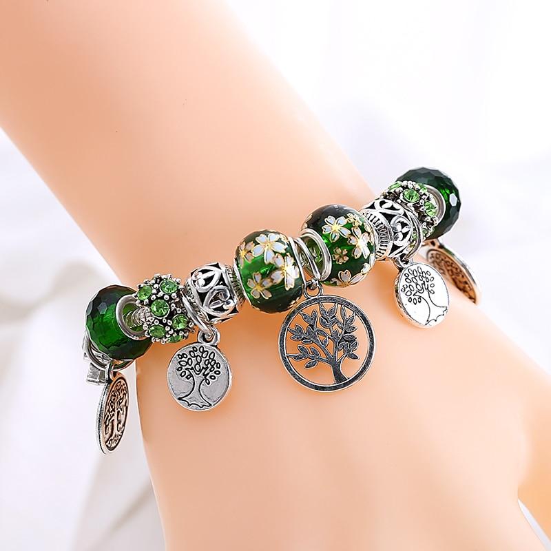 Elegant Modern Amazing Fashion New Luxury Silver Tree of Life Fashion Bracelet Green Leaf Crystal Charm Bracelet