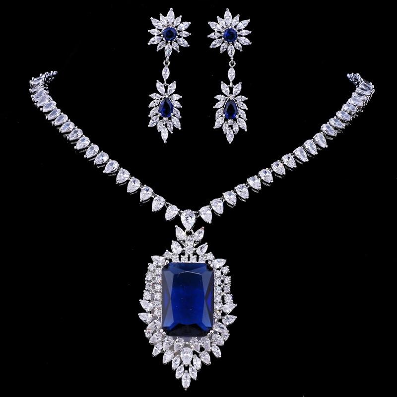 Luxury Retro Modern Cubic Zirconia Rectangul Royal Blue Bridal Wedding Evening Earring Necklace Jewelry Set For Women and Ladies With Diamond