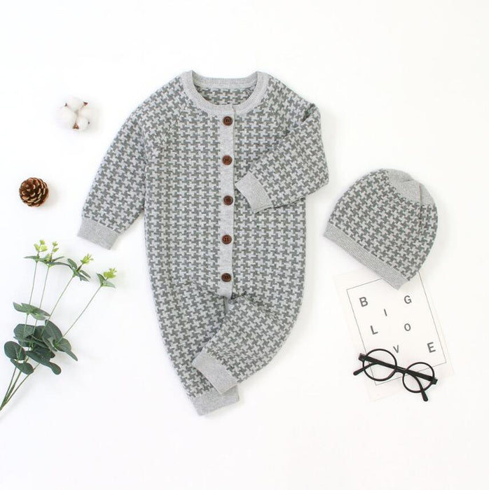 Knitted Newborn Baby Clothes Cotton Baby Romper With Plaid Hat Infant Toddler Jumpsuit For Girls And Boys