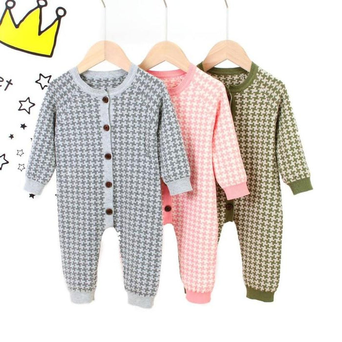 Knitted Newborn Baby Clothes Cotton Baby Romper With Plaid Hat Infant Toddler Jumpsuit For Girls And Boys