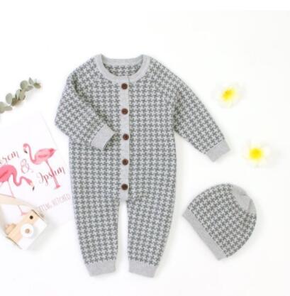 Knitted Newborn Baby Clothes Cotton Baby Romper With Plaid Hat Infant Toddler Jumpsuit For Girls And Boys