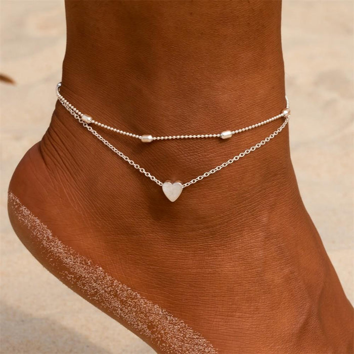 Elegant Modern Women Anklets Simple Heart Barefoot Crochet Sandals Foot Jewelry Brecelets With Two Layer Bracelet Anklets