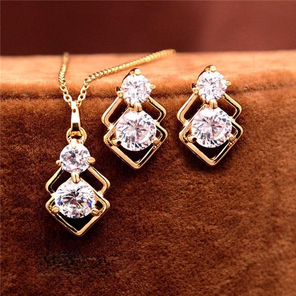 Elegant Wedding Crystal African Jewelry Sets for Women Gold Color Double Layer Square Pendant Luxury Diamond  Necklace and Earrings Jewellery