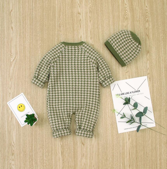 Knitted Newborn Baby Clothes Cotton Baby Romper With Plaid Hat Infant Toddler Jumpsuit For Girls And Boys