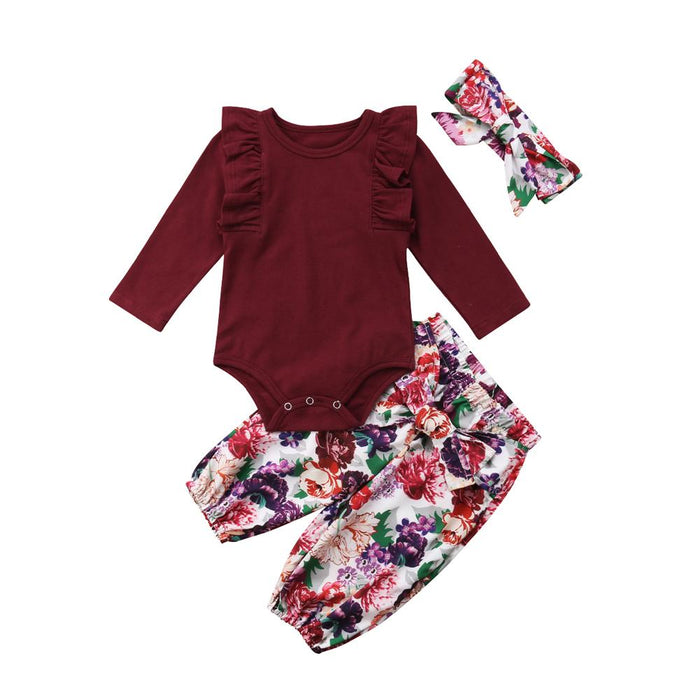 3Pcs Baby Girls Flying sleeves Bodysuit and Floral Lace-up Pants ,Headwear Set WIth Jumpsuit and Bow In Elegant Luxury Modern Print Deign For Baby Girls and Girls Kids