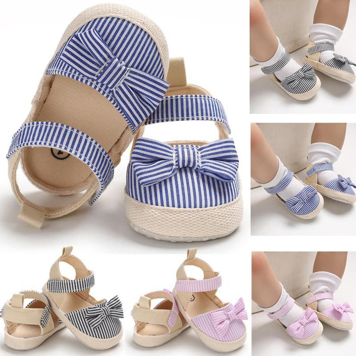 Newborn Baby Girl Striped Bow Sandals Soft Shoes Infants Anti-Slip Sneaker New Fashion Clogs 0-18M