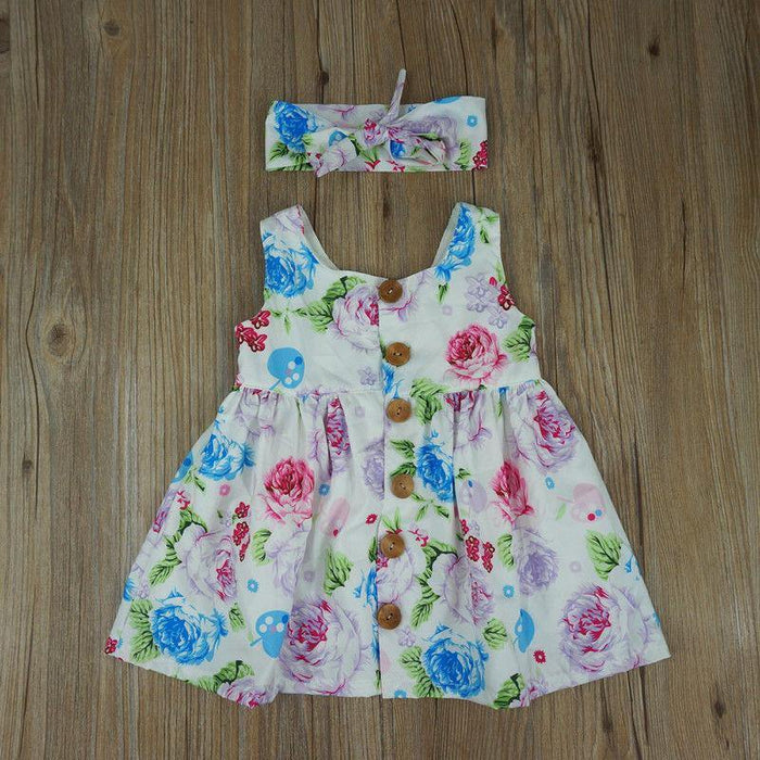 Modern Colorful Baby Girls Toddle Floral Tank Dress Match Headband Summer Button Sleeveless For Girls Kids