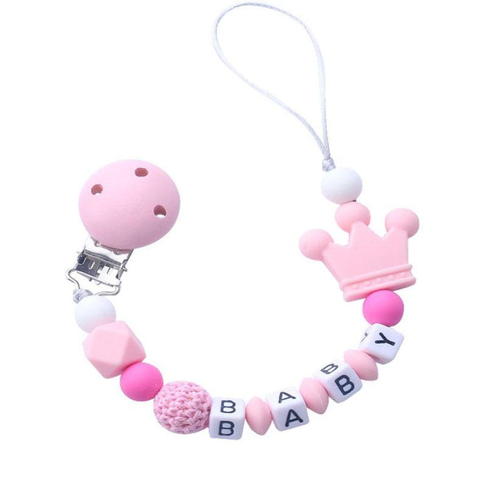 Pink Silicone Personalised Name Baby Pacifier Clips Crochet Beads Silicone Crown Pacifier Chain Holder For Kids and Baby Pacifier