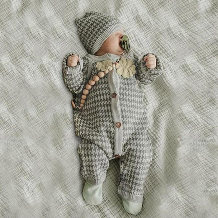 Knitted Newborn Baby Clothes Cotton Baby Romper With Plaid Hat Infant Toddler Jumpsuit For Girls And Boys