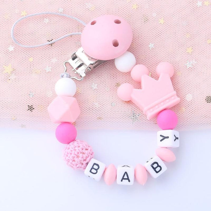 Pink Silicone Personalised Name Baby Pacifier Clips Crochet Beads Silicone Crown Pacifier Chain Holder For Kids and Baby Pacifier