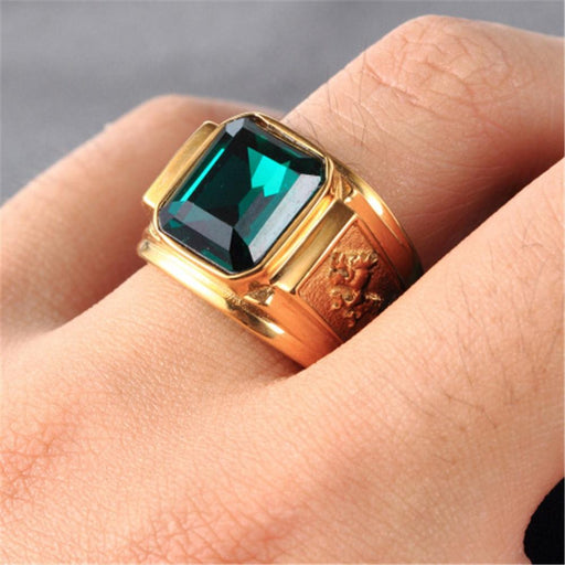 Vintage Fashion Gold/silver Color Big Red Black Green Blue Stone Square Gold Color Alloy Men Ring With  Engraved Dragon In Luxury Epic Style For Men