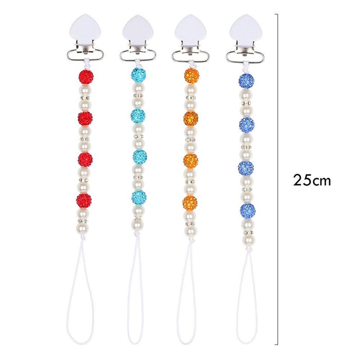 Handmade Shiny Pacifier Clip Chain Infant Nipple Holder Wooden Beaded Crystal Nipple Leash Strap Metal Pacifier Clips For Baby