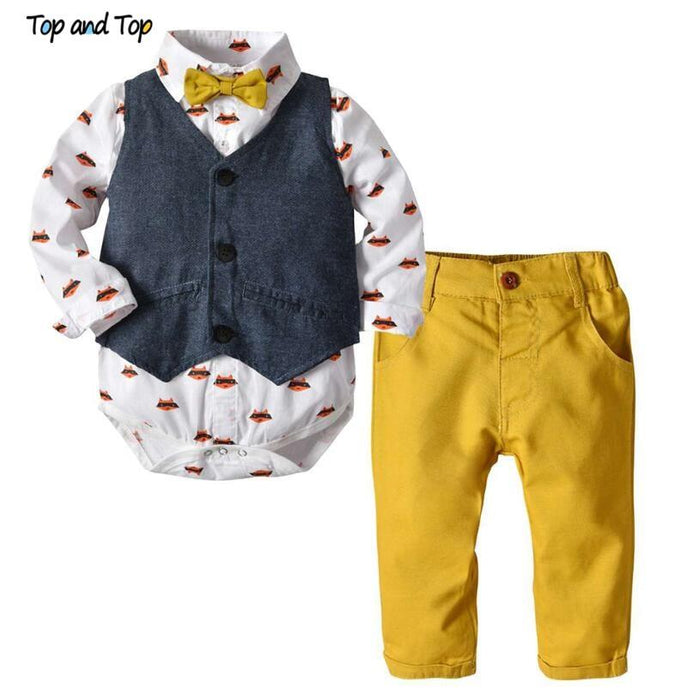 Luxury Modern Outfit Autumn Fashion Baby Boys Gentleman Bow Tie Rompers Pants Suit Baby Set For Celebrations