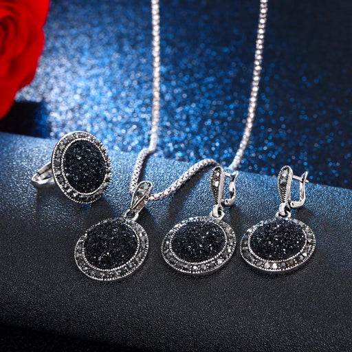 Elegant Vintage Crystal Round Luxury Jewelry For Women Charm Necklace Earrings Color Black Fashion Party Earring Jewelry New arrival