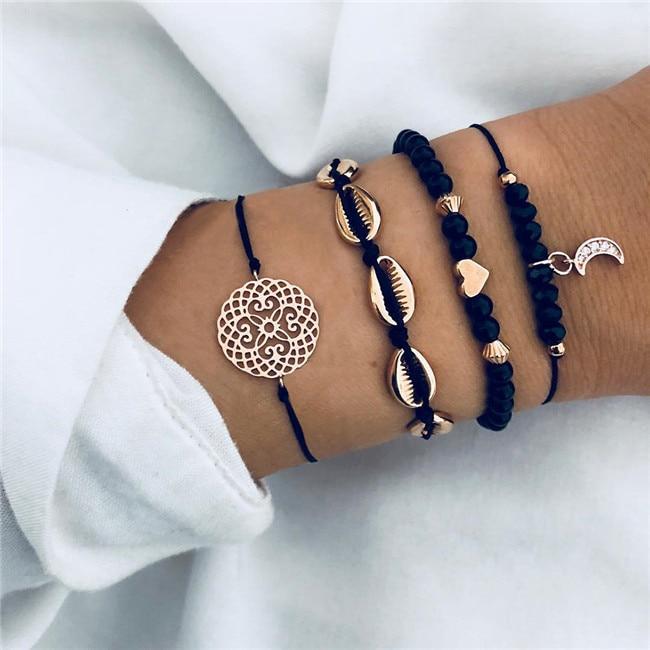 Bohemian Black Beads Chain Bracelets Bangles For Women Fashion Heart Compass Gold Color  Bracelets Sets Luxury Jewelry Gifts