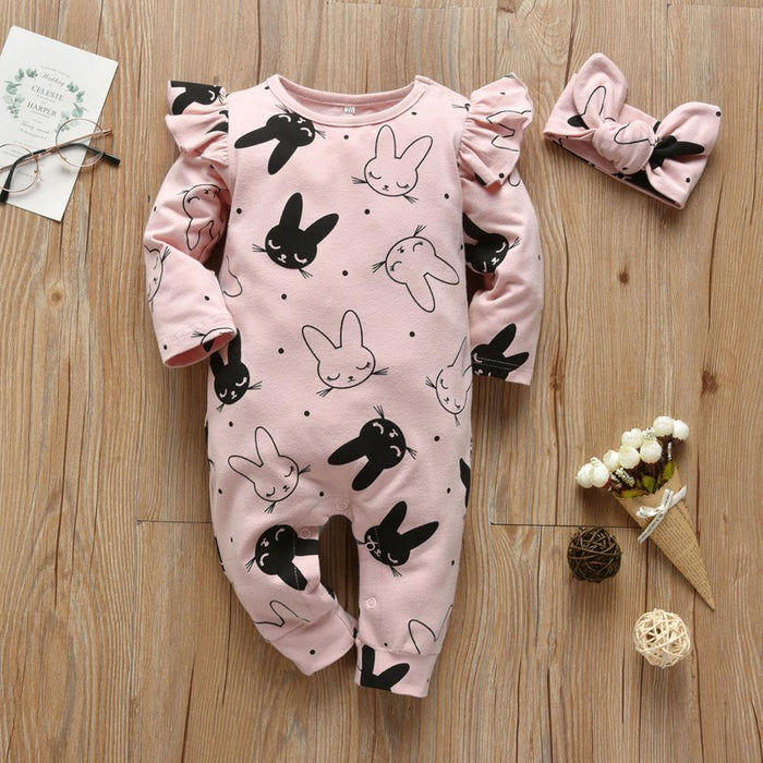 Modern Baby Girls Romper Cartoon Rabbit Pattern Cotton Long Sleeve Jumpsuit+Headband Outfits Set Jumpsuit With  Bow