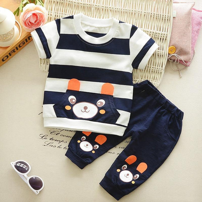 Baby Boy Cartoon Cute Bear Striped Printed Cotton Long Sleeve Two-piece Clothes Set For Boys Kids