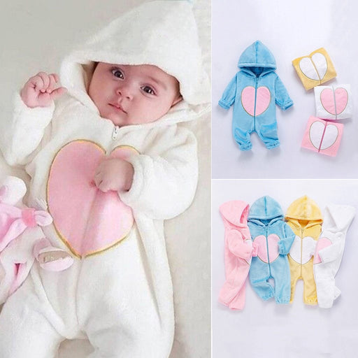 New Trend Cozy Warm Winter Newborn Zipper Heart Fleece Climbing Hooded Romper Baby Suit Outwear Jumpsuit For Baby Boys And Girls