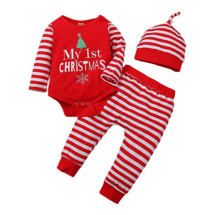 3PCS  Romper Jumpsuits+Striped Pant Christmas Clothes Set Kids for Infant Boys/Girls In Christmas Printed Design