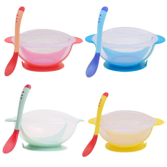 4 Color Advanced Silicone  Feeding Spoon  Temperature Sensing Weaning Soft Head  Spoons for 4-24 Months Baby And Spoon and Bowl Set