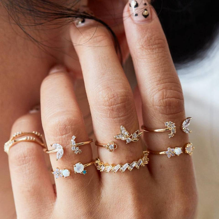 Women Crystal Finger Knuckle Rings Set For Girls Moon Lotus Charm Bohemian Ring Fashion Jewelry Gift