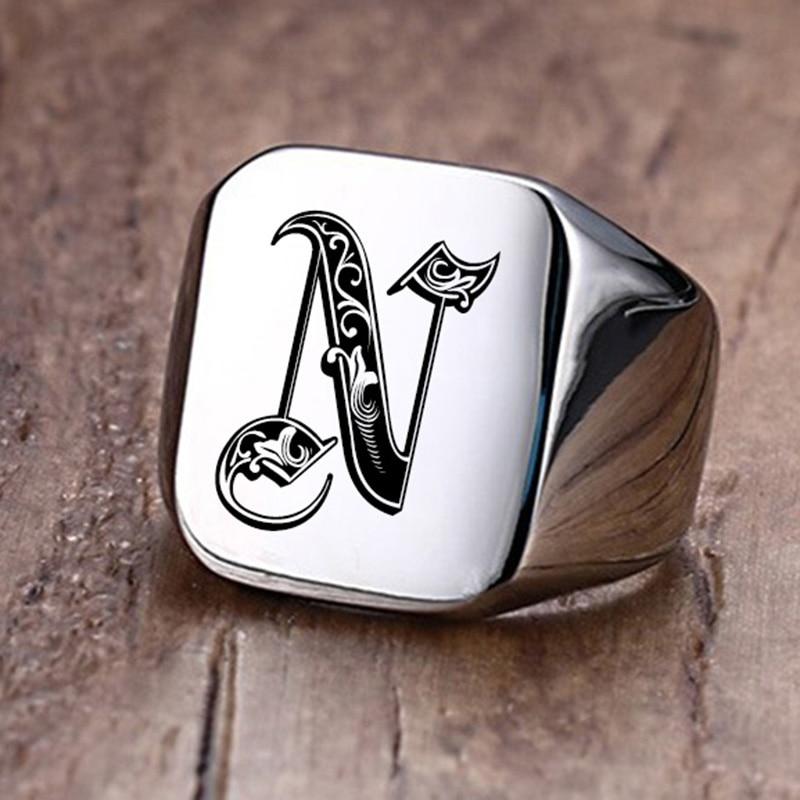 Modern Letter Retro Initials Signet Ring for Men 18mm Bulky Heavy Stamp Male Band Stainless Steel Letters Custom Jewelry Gift for Him