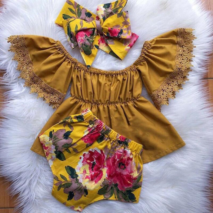 Elegant Luxury Floral Newborn Baby Girl Toddler Outfits Off shoulder Solid Tops Floral Short Pant Headband Bow Set For Baby Girls