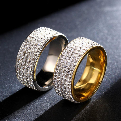 Luxury Modern Stainless Steel Ring With 5 Rows Gold Color Diamonds Crystal Ring Made for Wedding Rings for Women Men In Elegant Jelwery  Design