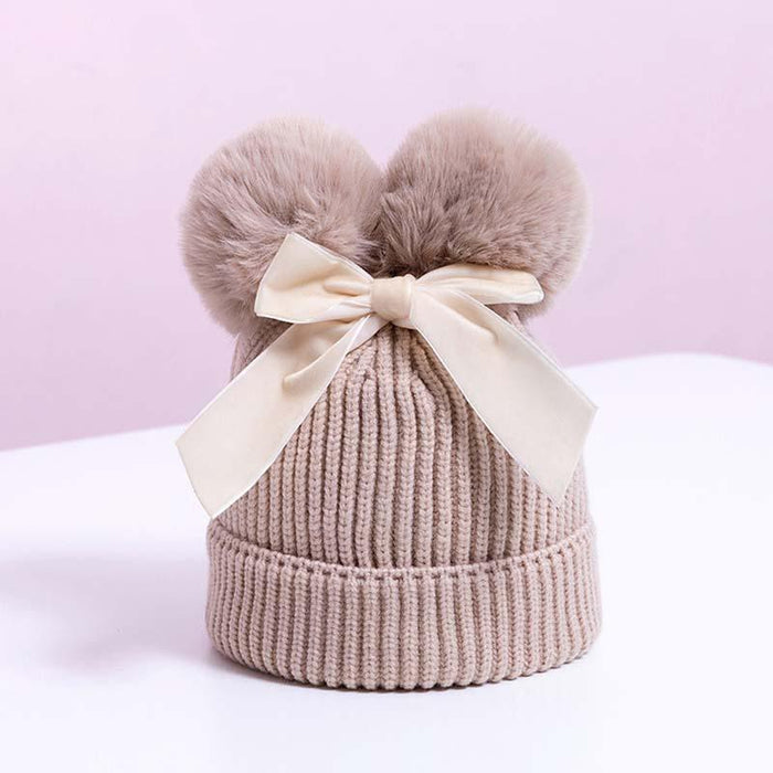 Baby Double Pompom Knitted Hat For Baby Girl Warm Thicker Children Infant Beanie Cap In elegant Winter Modern Deisgn With Big Bow