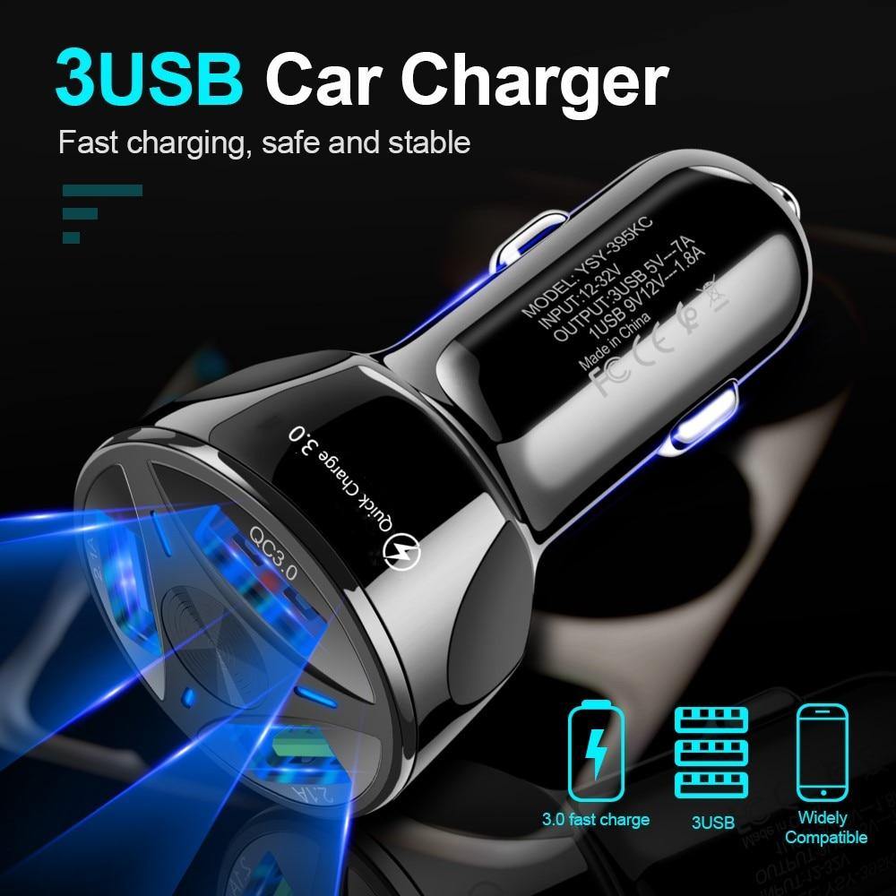 Universal Black Car USB Charger Quick Charge 3.0 4.0 18W Fast Charging In Car 3 Port Mobile Phone Gadgets