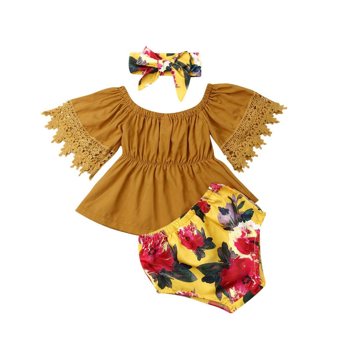 Elegant Luxury Floral Newborn Baby Girl Toddler Outfits Off shoulder Solid Tops Floral Short Pant Headband Bow Set For Baby Girls