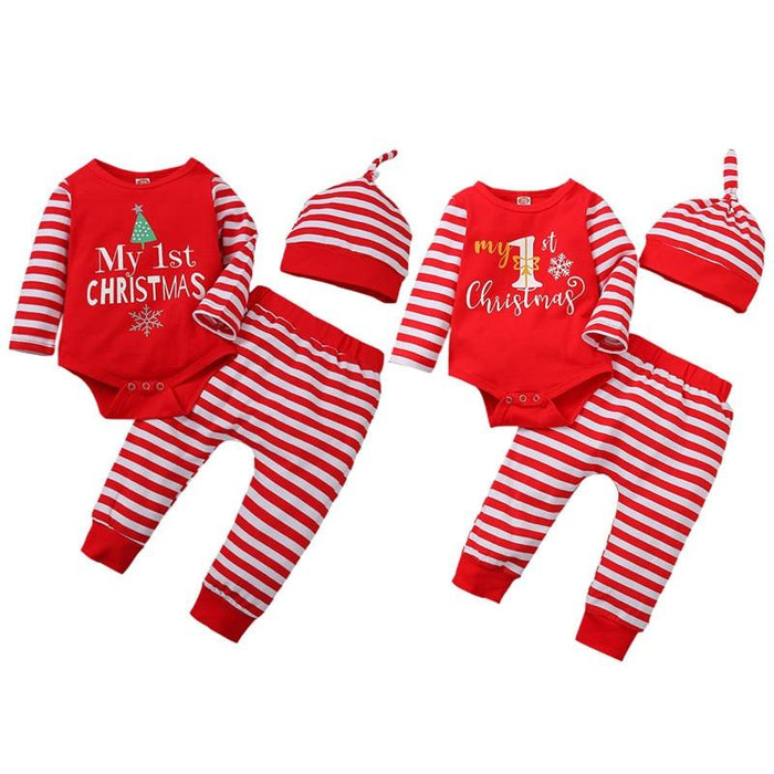 3PCS  Romper Jumpsuits+Striped Pant Christmas Clothes Set Kids for Infant Boys/Girls In Christmas Printed Design