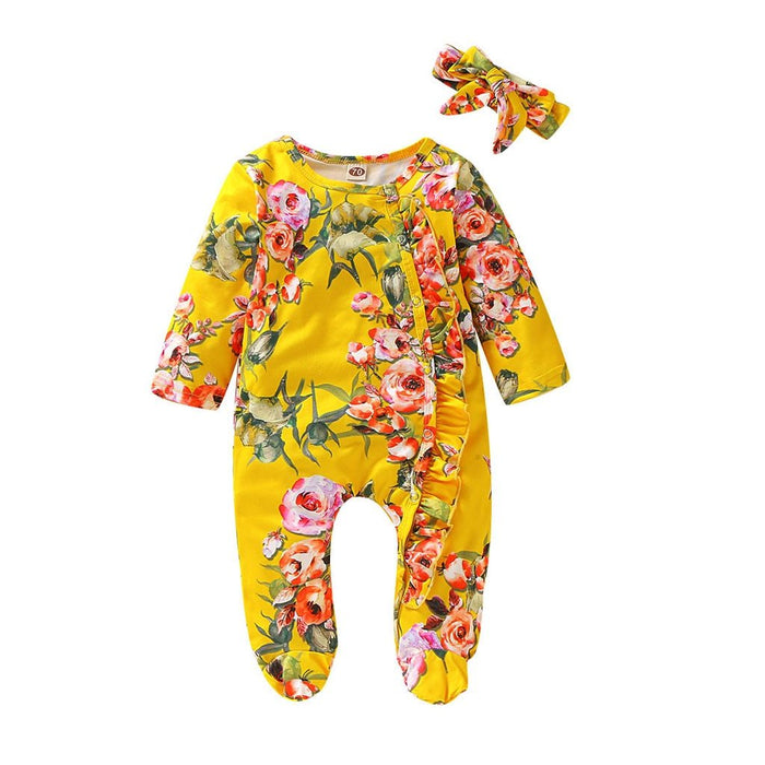 Modern Interesting Luxury Floral Newborn Baby Girl Clothes Infant Baby Girl Footed Full Sleeve Outfit Romper Jumpsuit With Big Bow In Modern Design