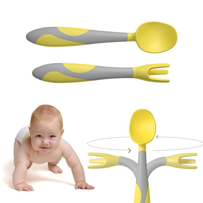 New Baby Training Twist Spoon And  Fork Silicone Feeding Infant Food Grades  Soft Head Children's Cutlery  With Storage For Boys And Girls