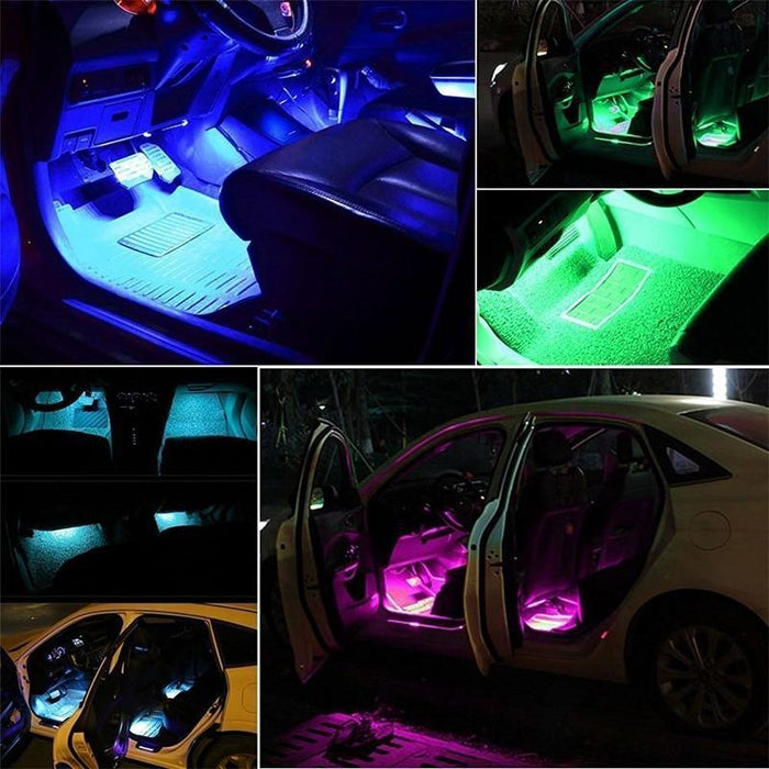 Interior Car Lights LED Car Strip Lights with Two-Line Waterproof Design RGB LED Strip Light With USB Wireless Remote Music Control Multiple Modes and Music Sync Under Dash Car Lighting with Car Charger, DC 12V