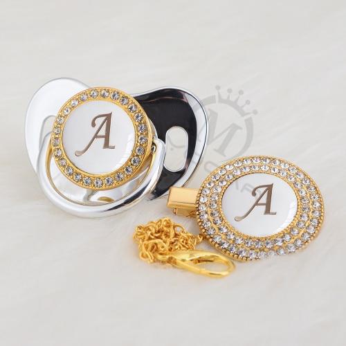 Luxury Modern Diamond Pacifier and Chain Gold Set With Initials Letter White Elegant A Beautiful Pacifier and Pacifier lip