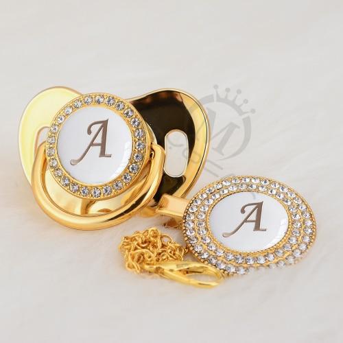 Luxury Modern Diamond Pacifier and Chain Gold Set With Initials Letter White Elegant A Beautiful Pacifier and Pacifier lip