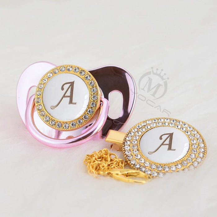 Luxury Modern Diamond Pacifier and Chain Gold Set With Initials Letter White Elegant A Beautiful Pacifier and Pacifier lip