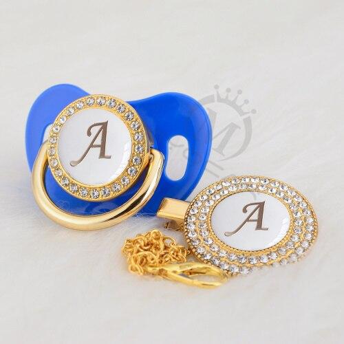 Luxury Modern Diamond Pacifier and Chain Gold Set With Initials Letter White Elegant A Beautiful Pacifier and Pacifier lip