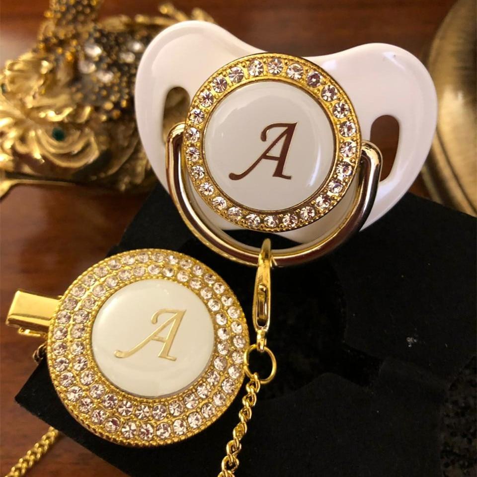 Luxury Modern Diamond Pacifier and Chain Gold Set With Initials Letter White Elegant A Beautiful Pacifier and Pacifier lip