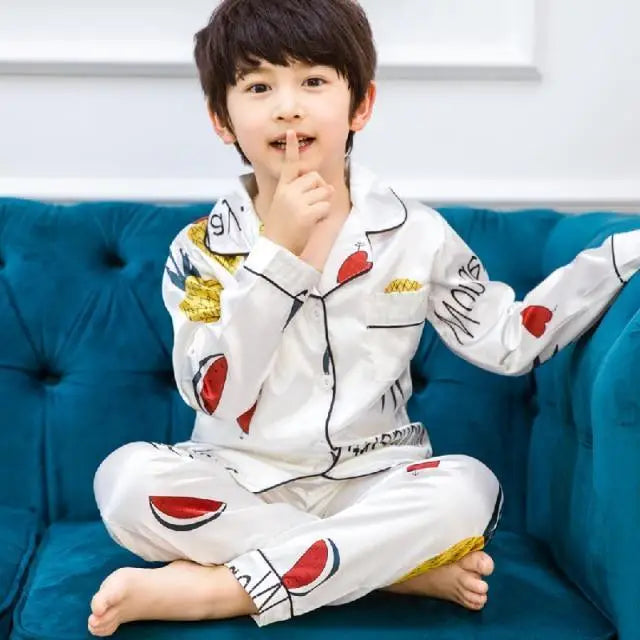 2021 Autumn Winter Long Sleeve Kid Sleepwear Set Silk Pajamas Set Boys Pajamas Sets For Kids Home Cloth Girls Pajamas Set - Treko - 2021 pajamas, 2021 trends, birthday gifts, comfortable pajamas, fashion 2021, fashionable pajamas, new trend 2021, paja, pajamas, pajamas for kids, pajamas set, trends 2021, trendy kids pajamas, trendy kids pajamas 2021, trendy pajamas 2021, winter pajamas, winter pajamas 2021- Stevvex.com